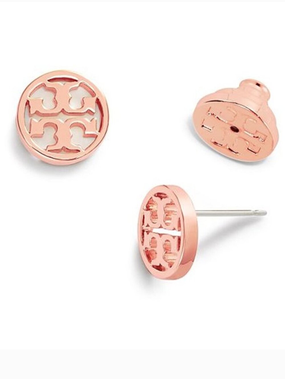 Tory Burch Miller Logo Stud Earrings Rose Gold Tone Signature Earrings